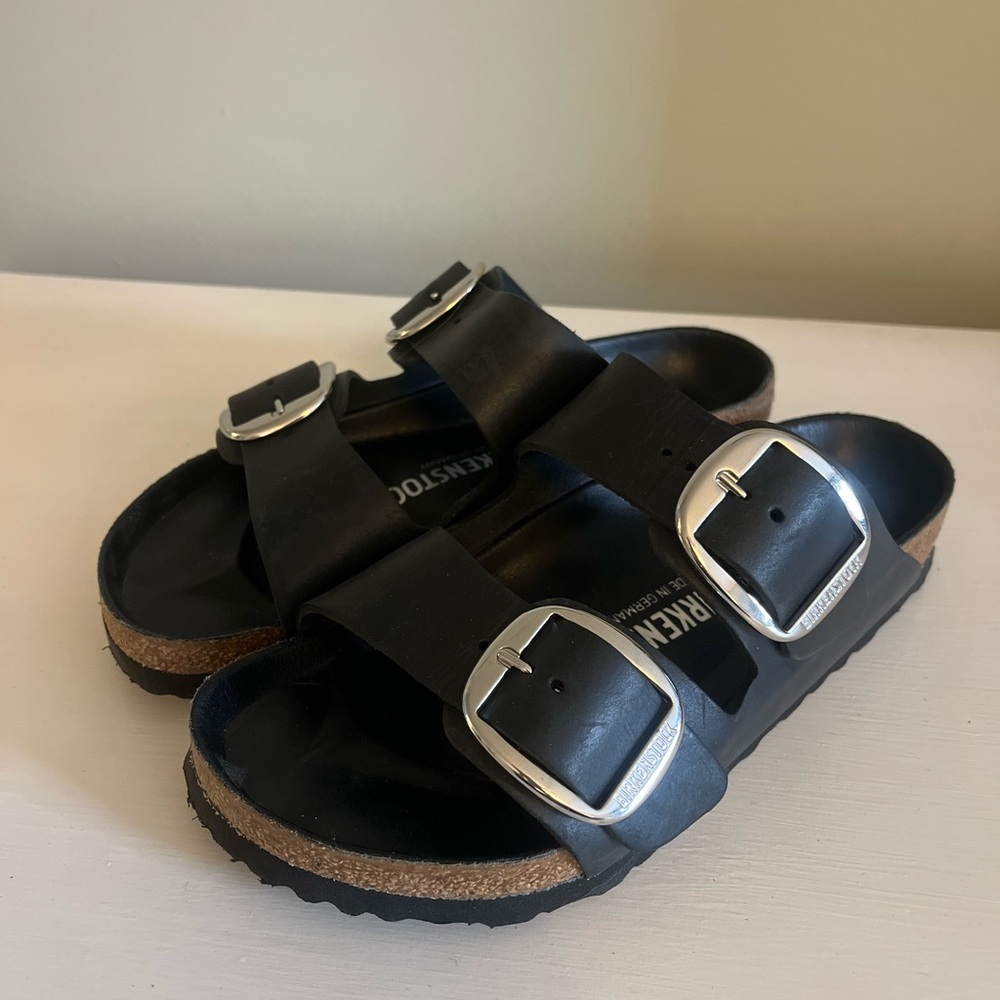 Birkenstock Arizona Big Buckle sandals 37 slides black leather silver - Picture 2 of 5